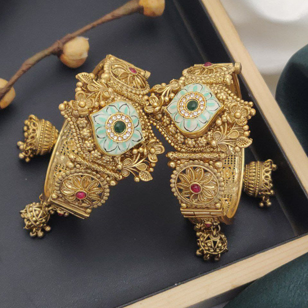 Akruti Collection Gold Plated Pota Stone And Meenakari Openable Bangle Set