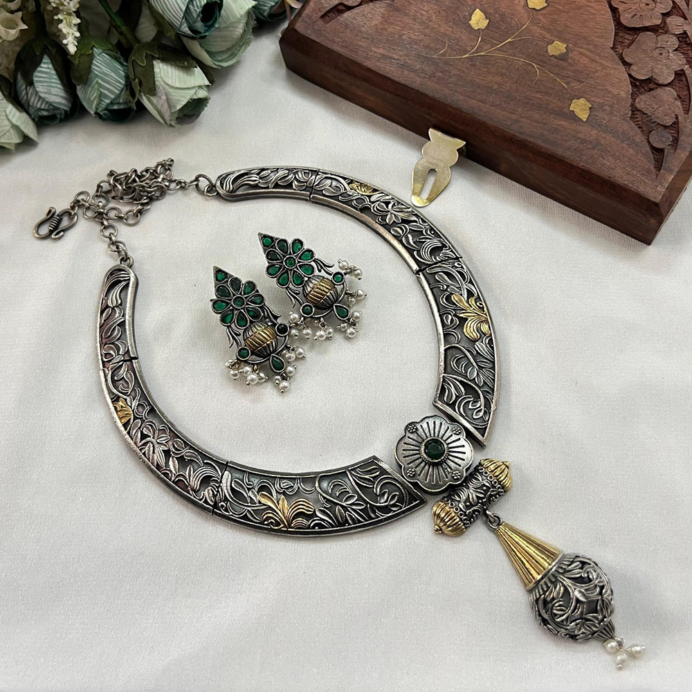 Akruti Collection 2 Tone Plated Pota Stone Necklace Set