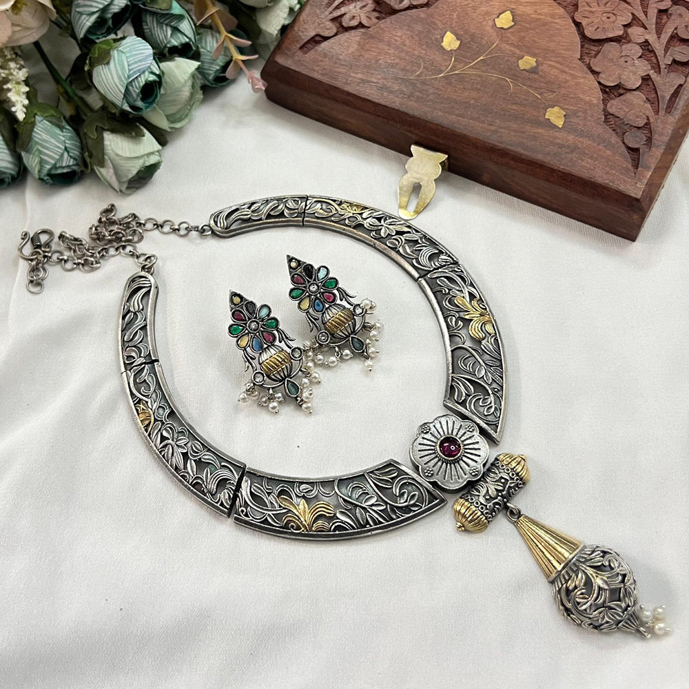 Akruti Collection 2 Tone Plated Pota Stone Necklace Set