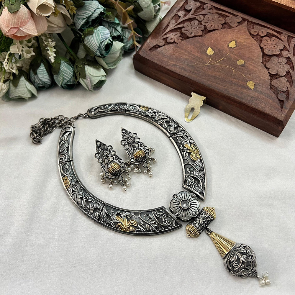 Akruti Collection 2 Tone Plated Pota Stone Necklace Set