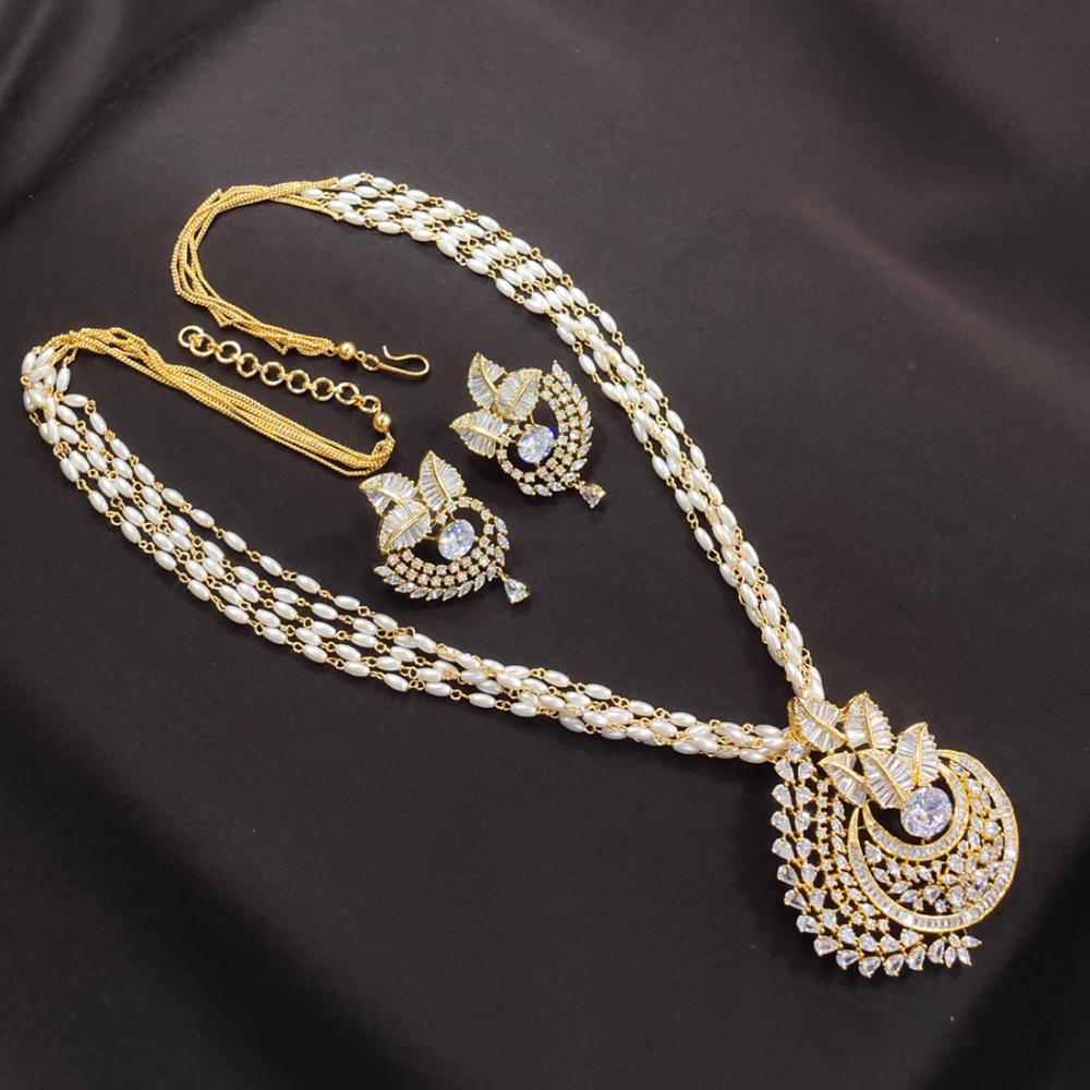 Akruti Collection Gold Plated American Diamond And Pearls Necklace Set