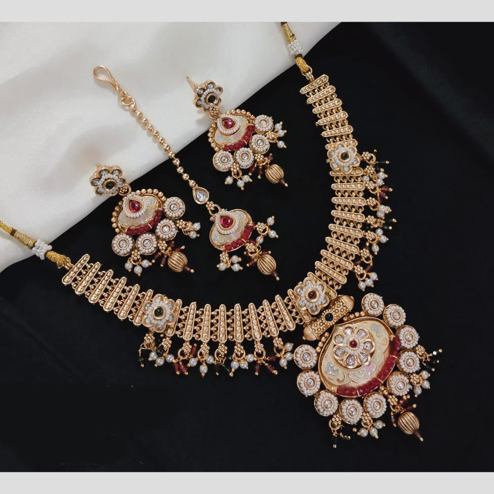 Akruti Collection Gold Plated Pota Stone And Pearls Meenakari Necklace Set