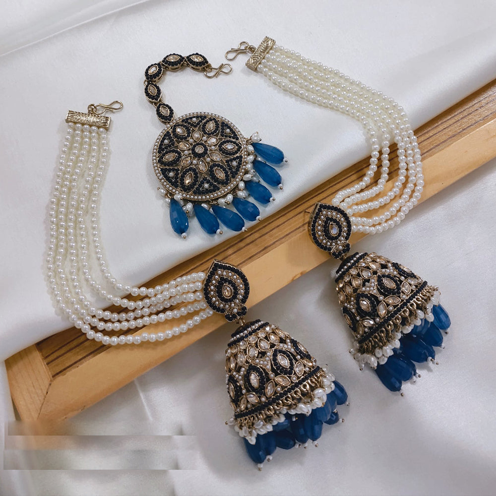 Akruti Collection Kundan Pearl Jhumki Earrings with Kanchain