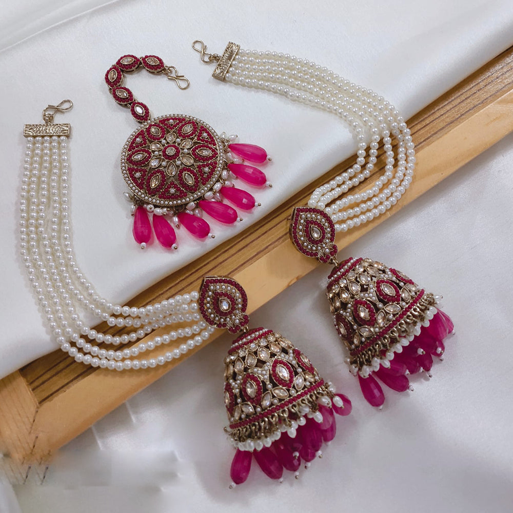 Akruti Collection Kundan Pearl Jhumki Earrings with Kanchain