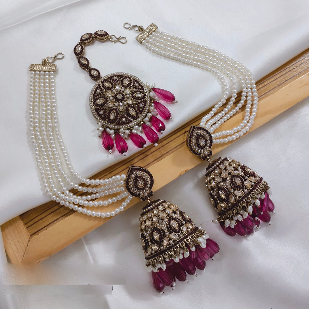 Akruti Collection Kundan Pearl Jhumki Earrings with Kanchain