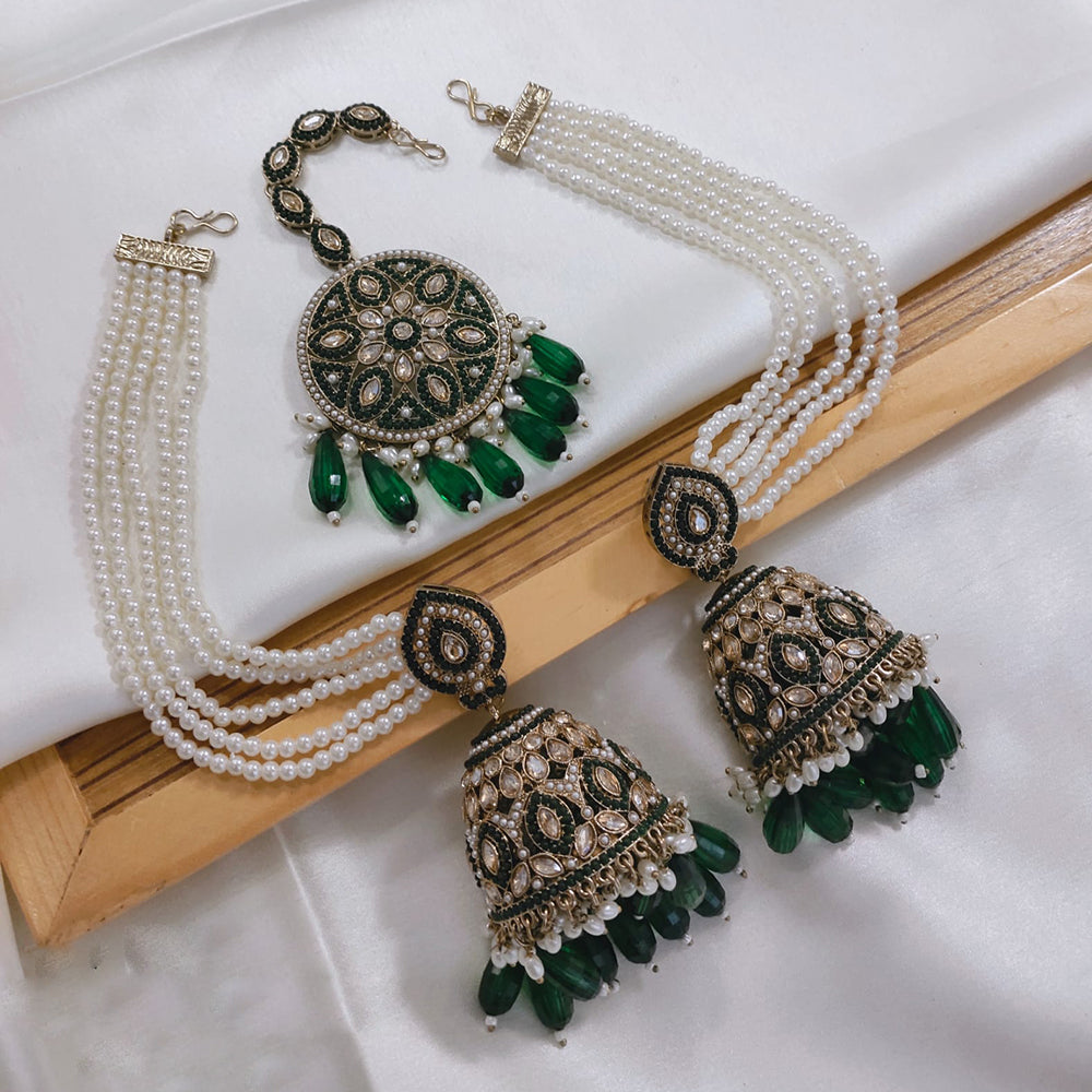 Akruti Collection Kundan Pearl Jhumki Earrings with Kanchain