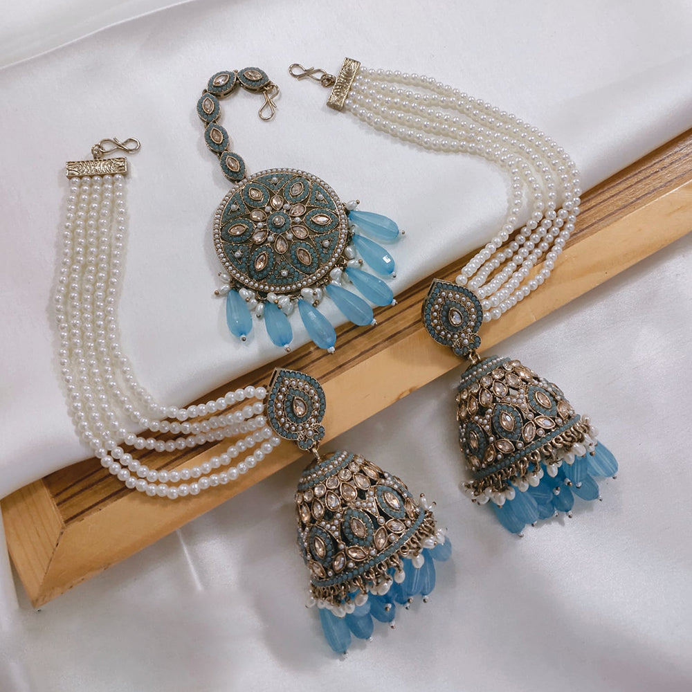 Akruti Collection Kundan Pearl Jhumki Earrings with Kanchain