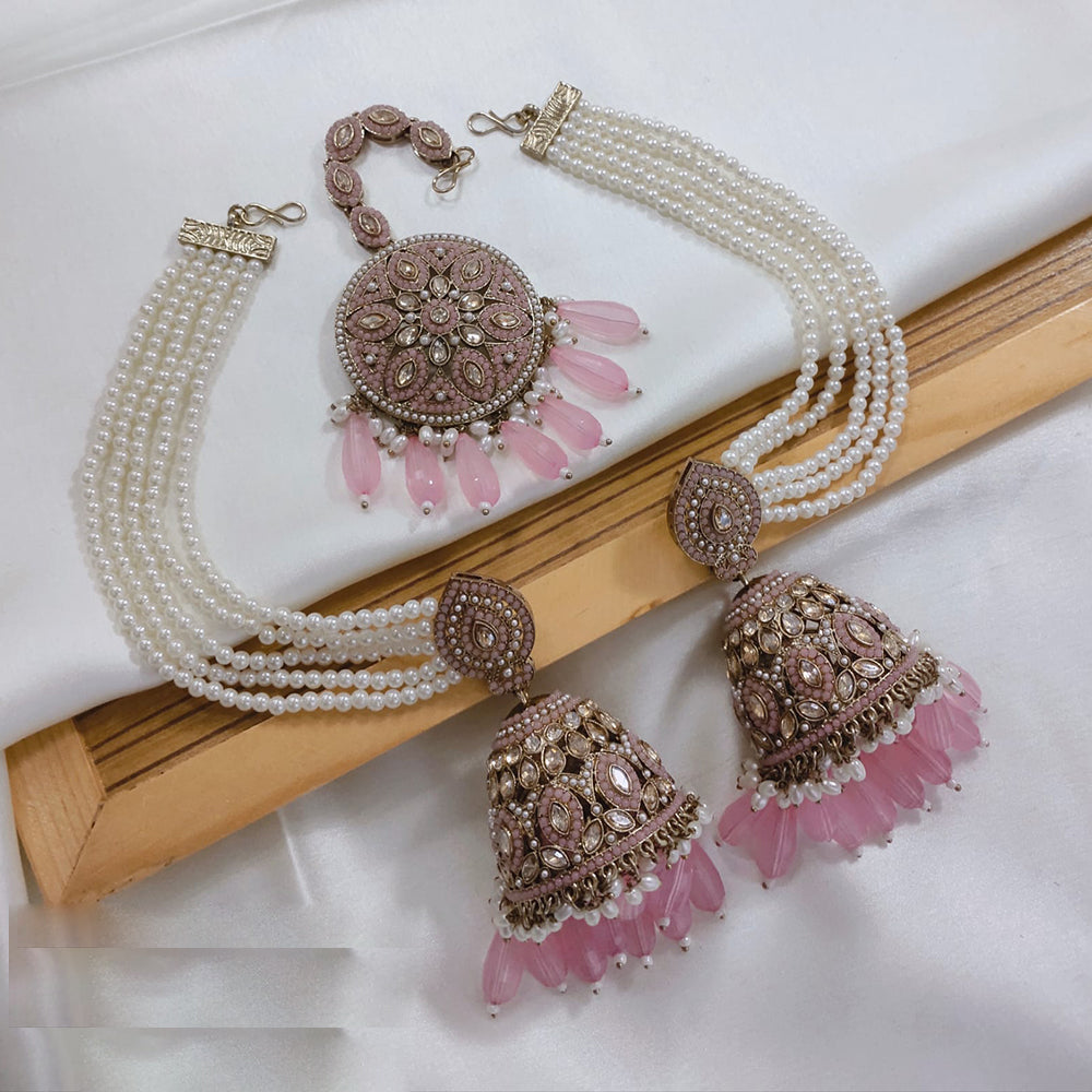 Akruti Collection Kundan Pearl Jhumki Earrings with Kanchain