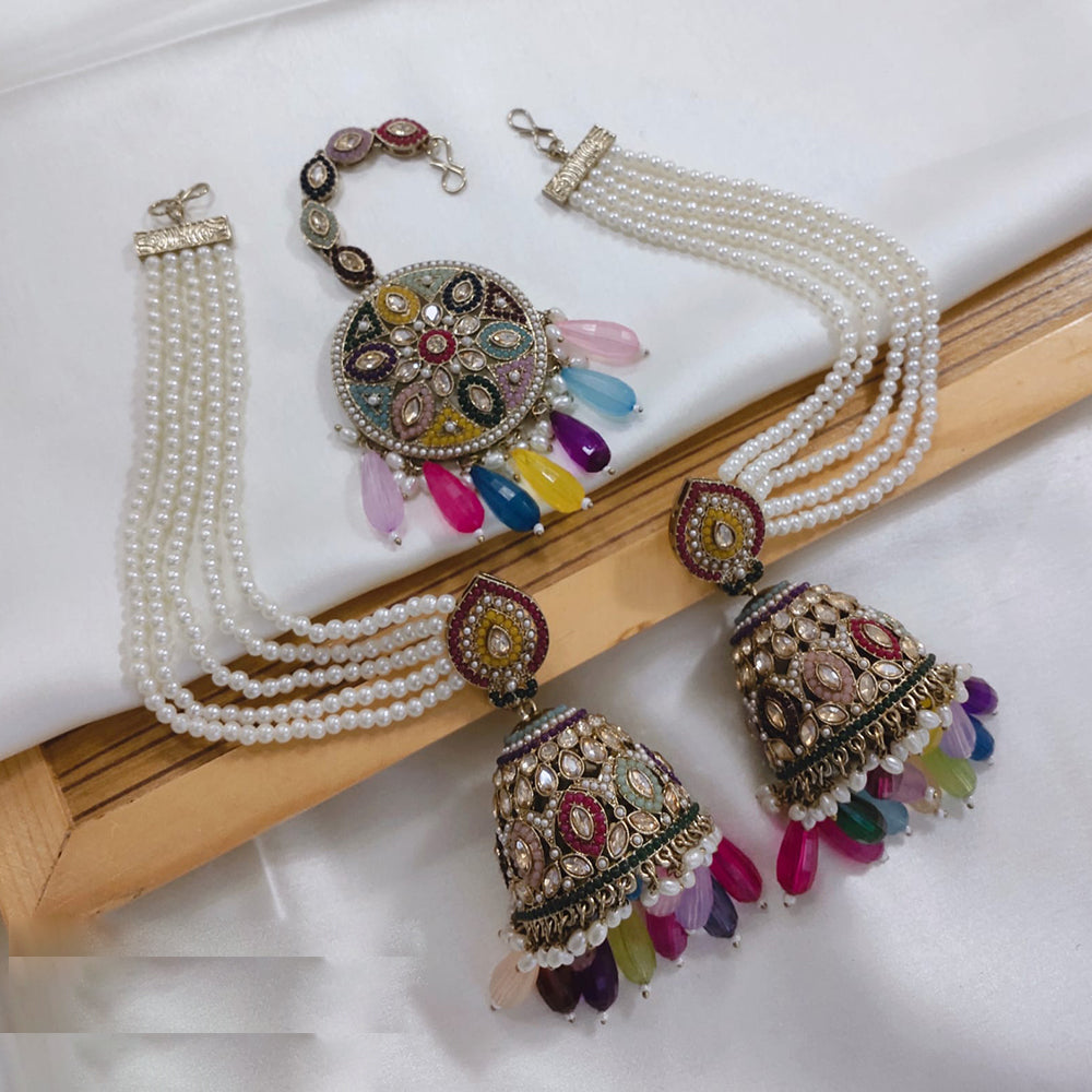 Akruti Collection Kundan Pearl Jhumki Earrings with Kanchain