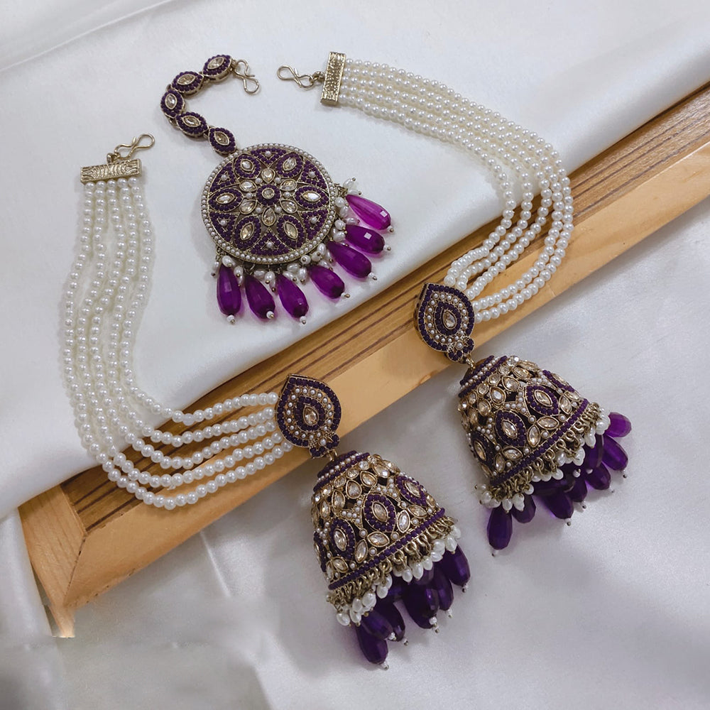 Akruti Collection Kundan Pearl Jhumki Earrings with Kanchain