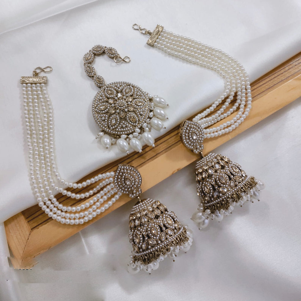 Akruti Collection Kundan Pearl Jhumki Earrings with Kanchain