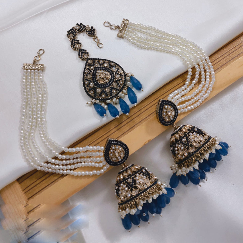 Akruti Collection Kundan Pearl Jhumki Earrings with Kanchain