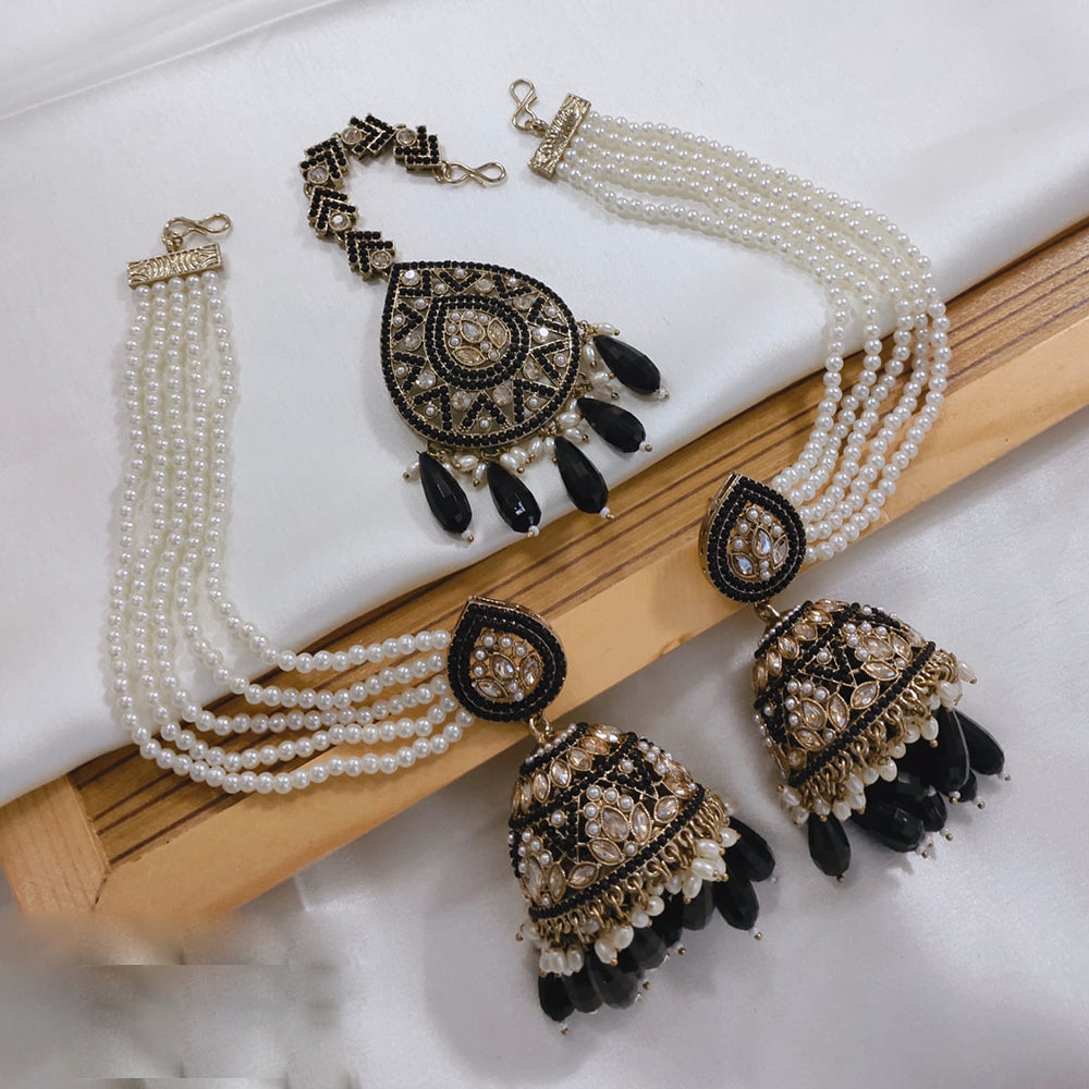 Akruti Collection Kundan Pearl Jhumki Earrings with Kanchain