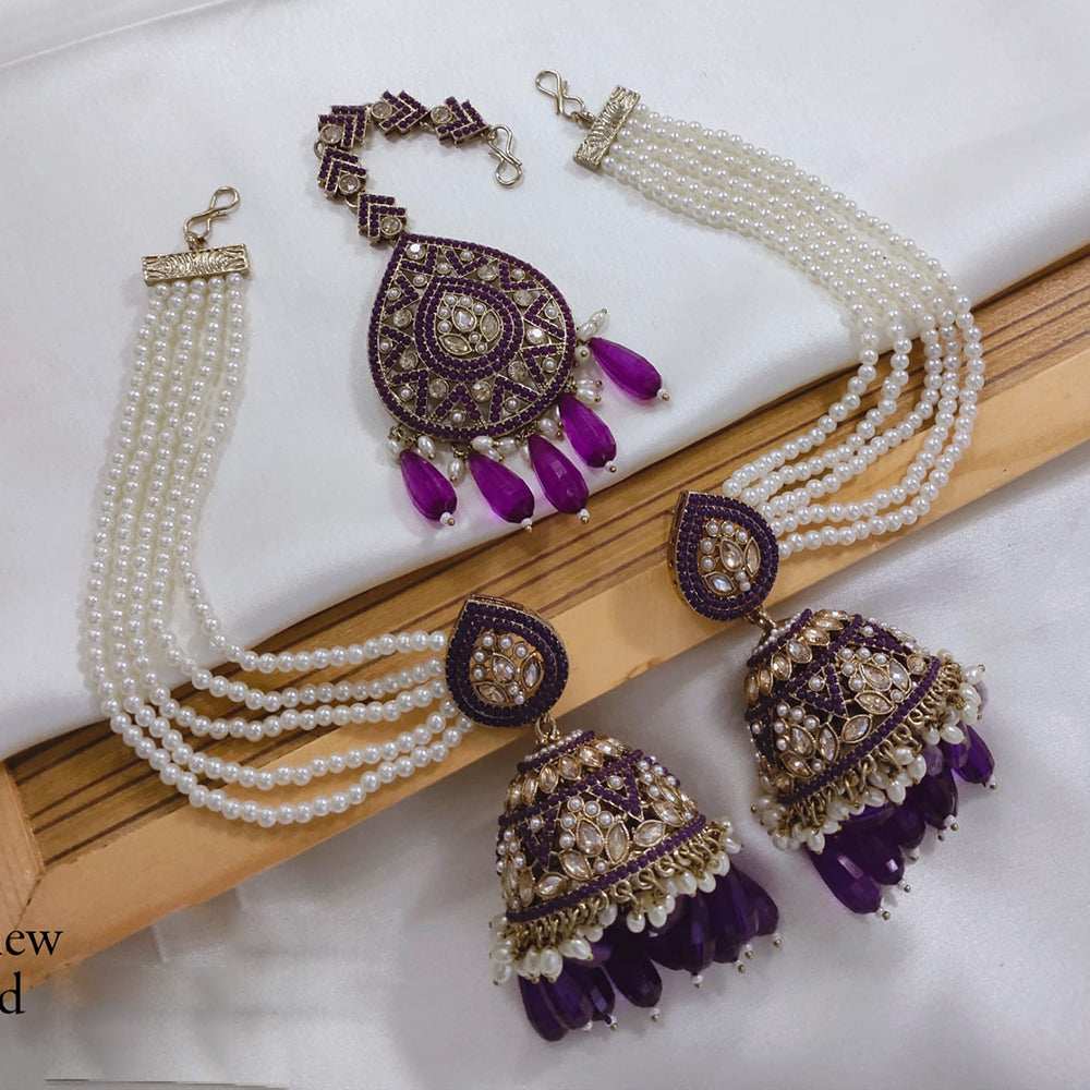 Akruti Collection Designer Kundan Jhumka Earrings with Beads & Pearl Chain