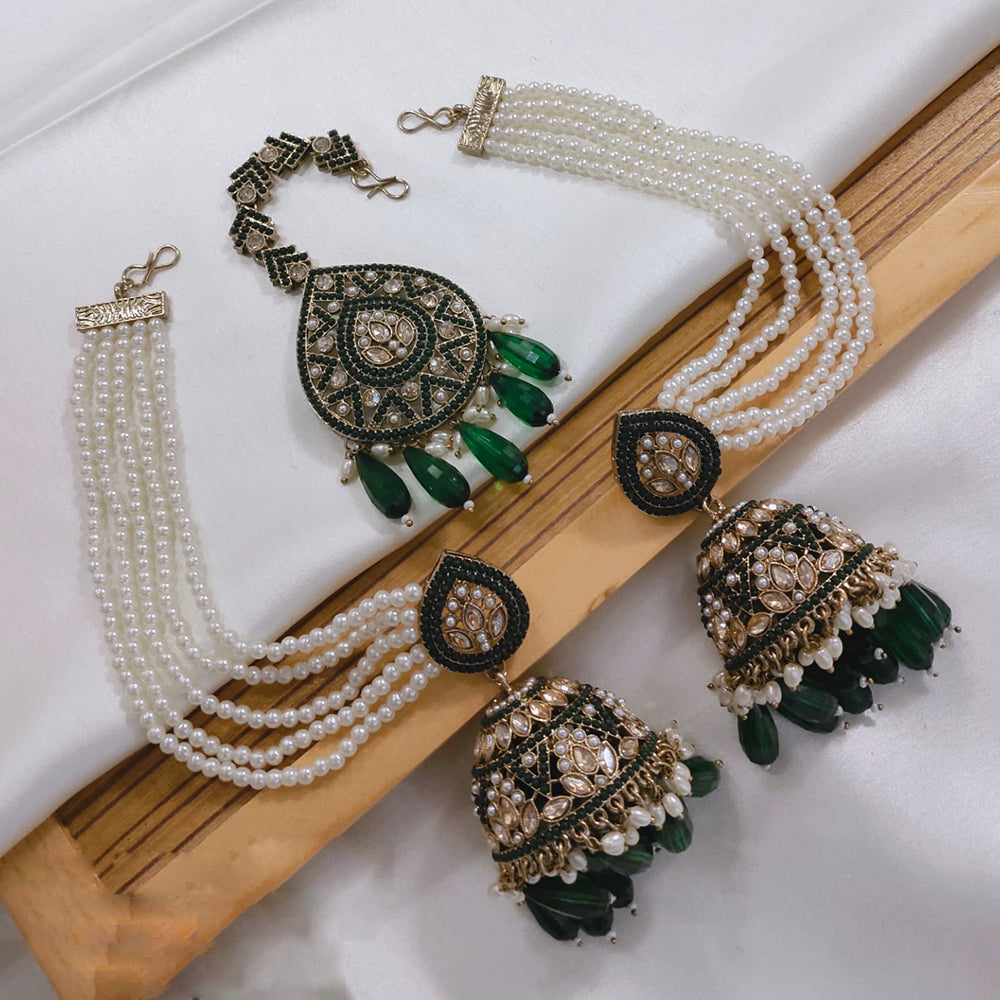 Akruti Collection Kundan Pearl Jhumki Earrings with Kanchain