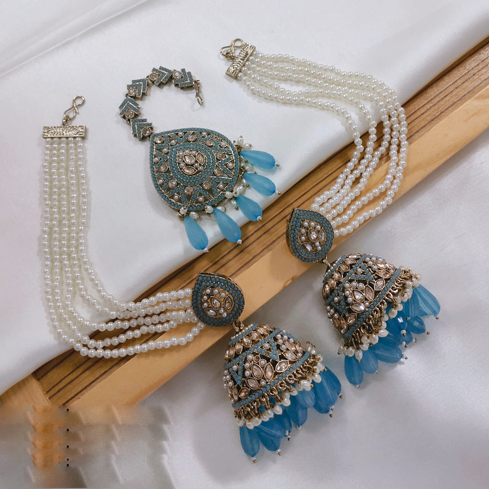 Akruti Collection Designer Kundan Jhumka Earrings with Beads & Pearl Chain