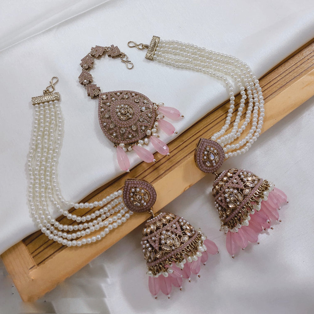 Akruti Collection Kundan Pearl Jhumki Earrings with Kanchain