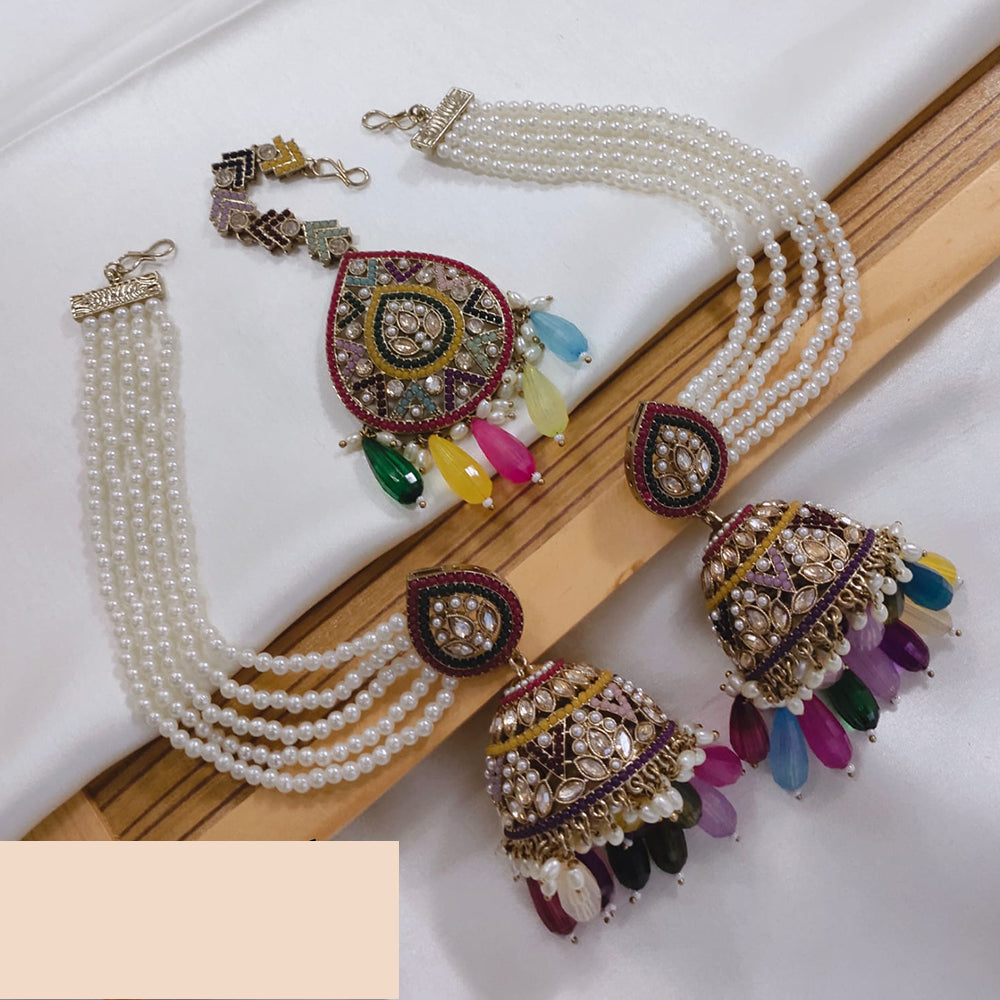 Akruti Collection Designer Kundan Jhumka Earrings with Beads & Pearl Chain
