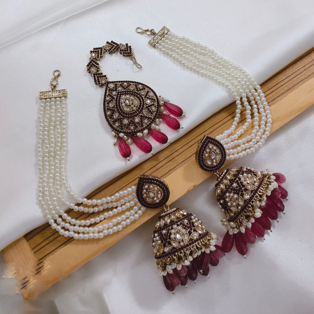 Akruti Collection Kundan Pearl Jhumki Earrings with Kanchain