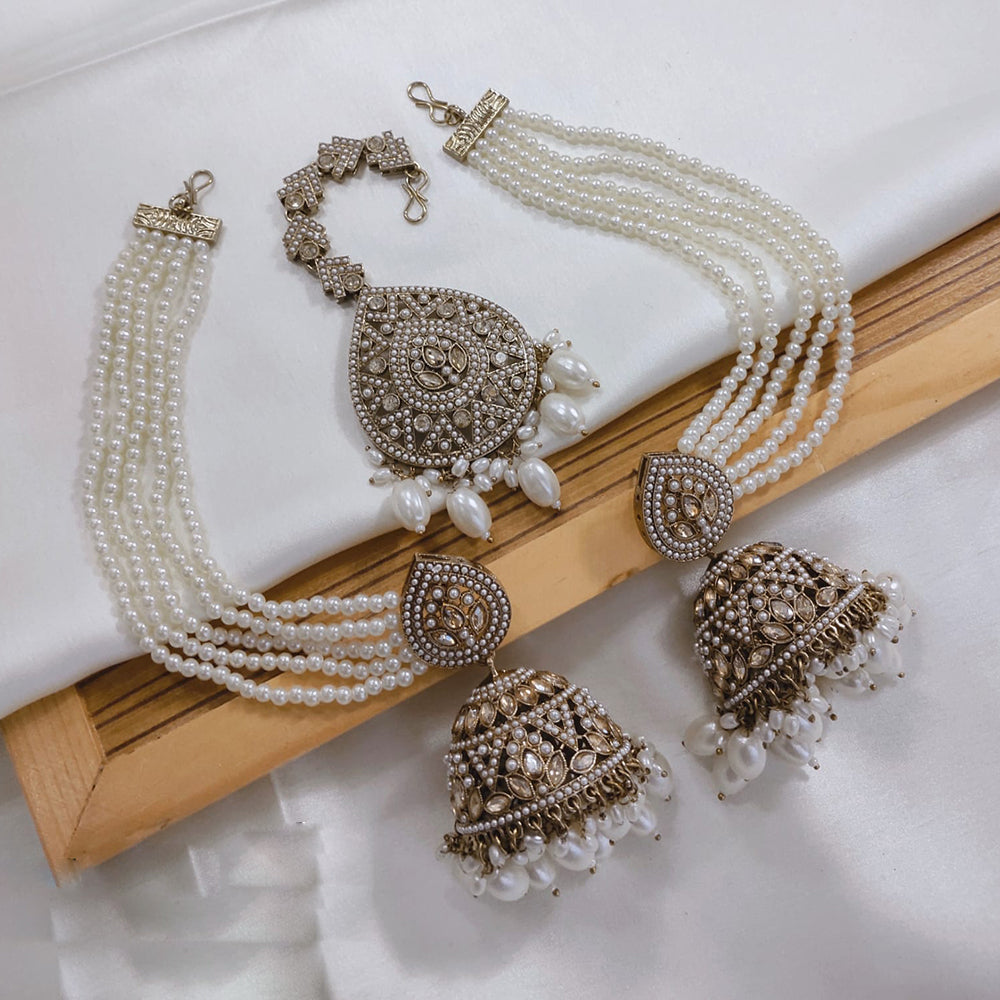 Akruti Collection Kundan Pearl Jhumki Earrings with Kanchain