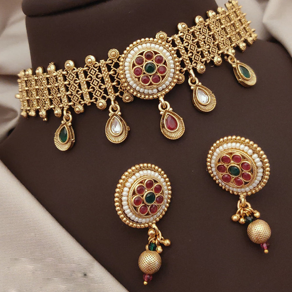 Akruti Collection Gold Plated Pota Stone Necklace Set