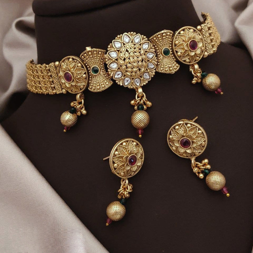 Akruti Collection Gold Plated Pota Stone Necklace Set