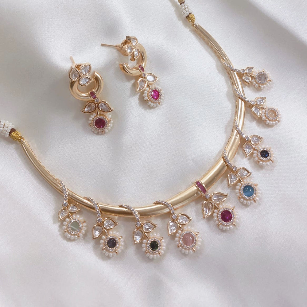 Akruti Collection Gold Plated Polki Kundan Stone And Pearls Necklace Set
