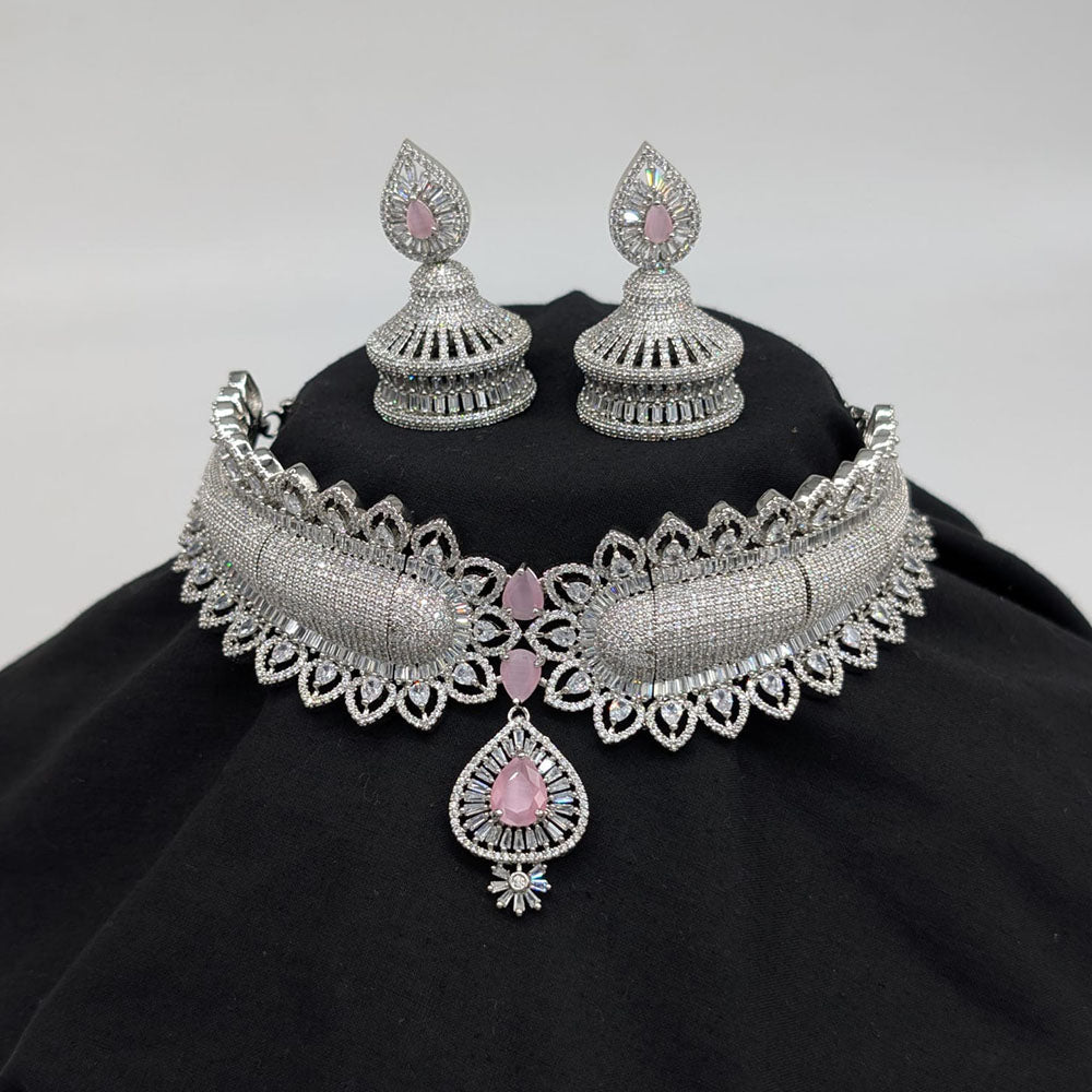 Akruti Collection Silver Plated American Diamonds Choker Necklace Set