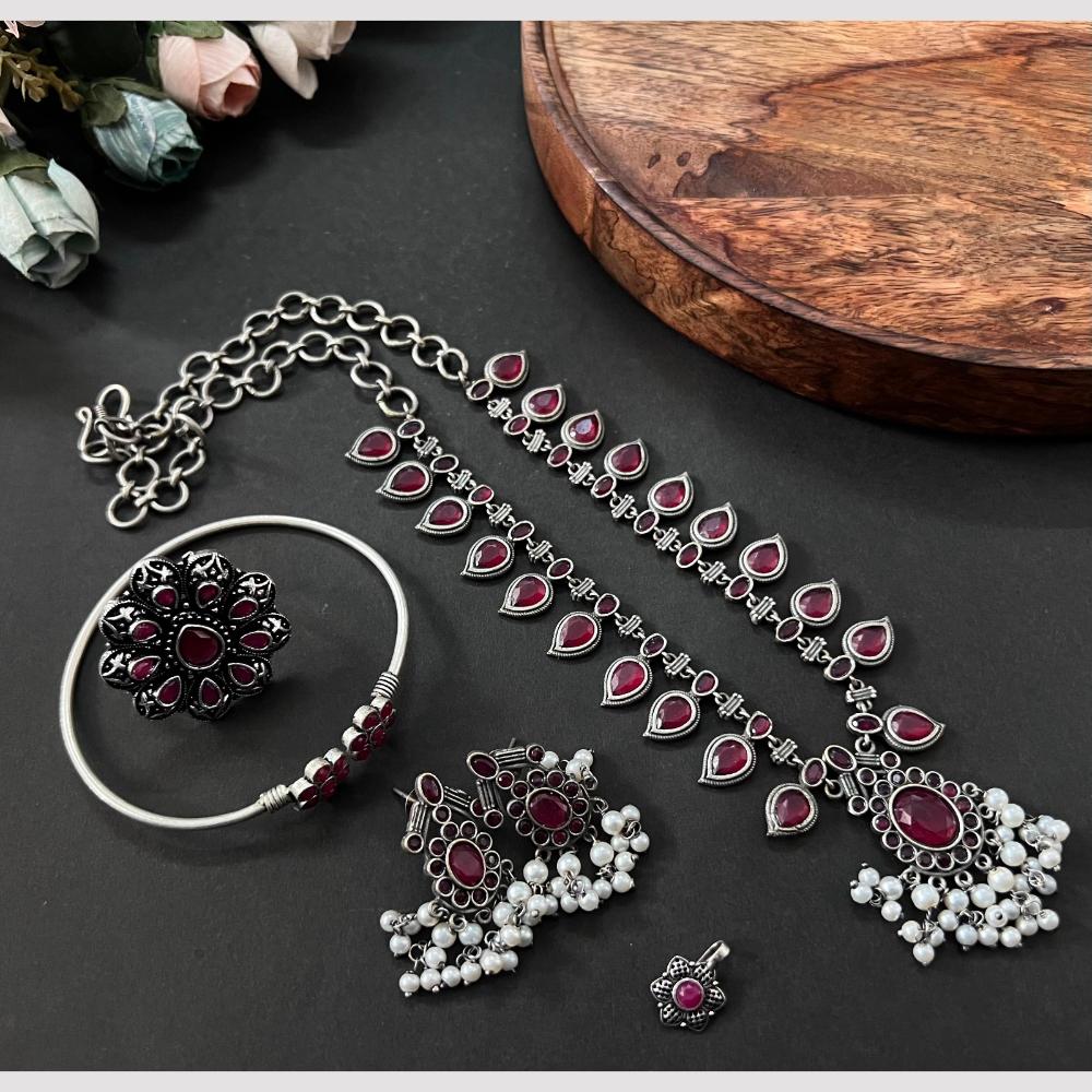Akruti Collection Oxidised Plated Pota Stone Combo Set