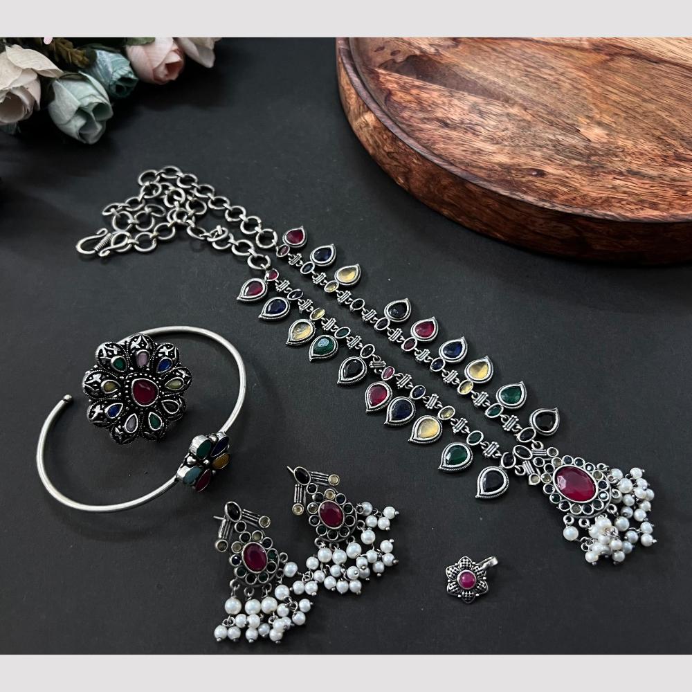 Akruti Collection Oxidised Plated Pota Stone Combo Set