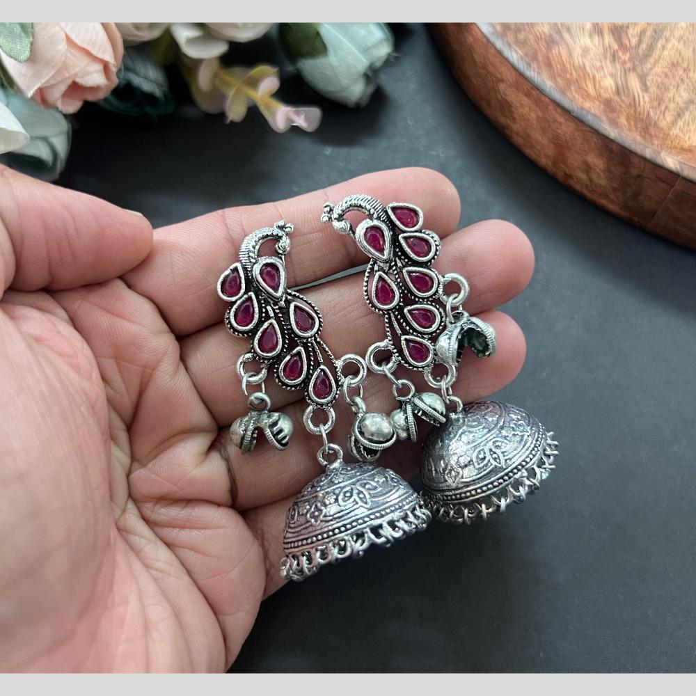 Akruti Collection Oxidised Plated Pota Stone Jhumki Earrings
