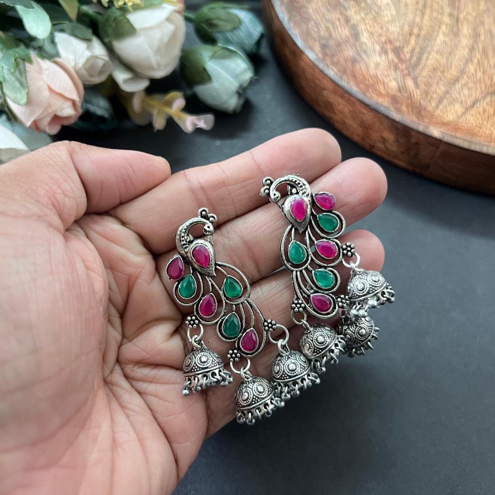 Akruti Collection Oxidised Plated Pota Stone Jhumki Earrings