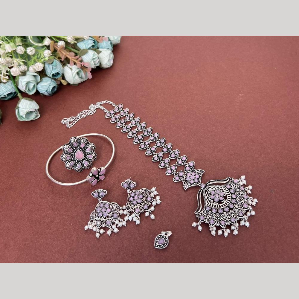 Akruti Collection Oxidised Plated Pota Stone Combo Set