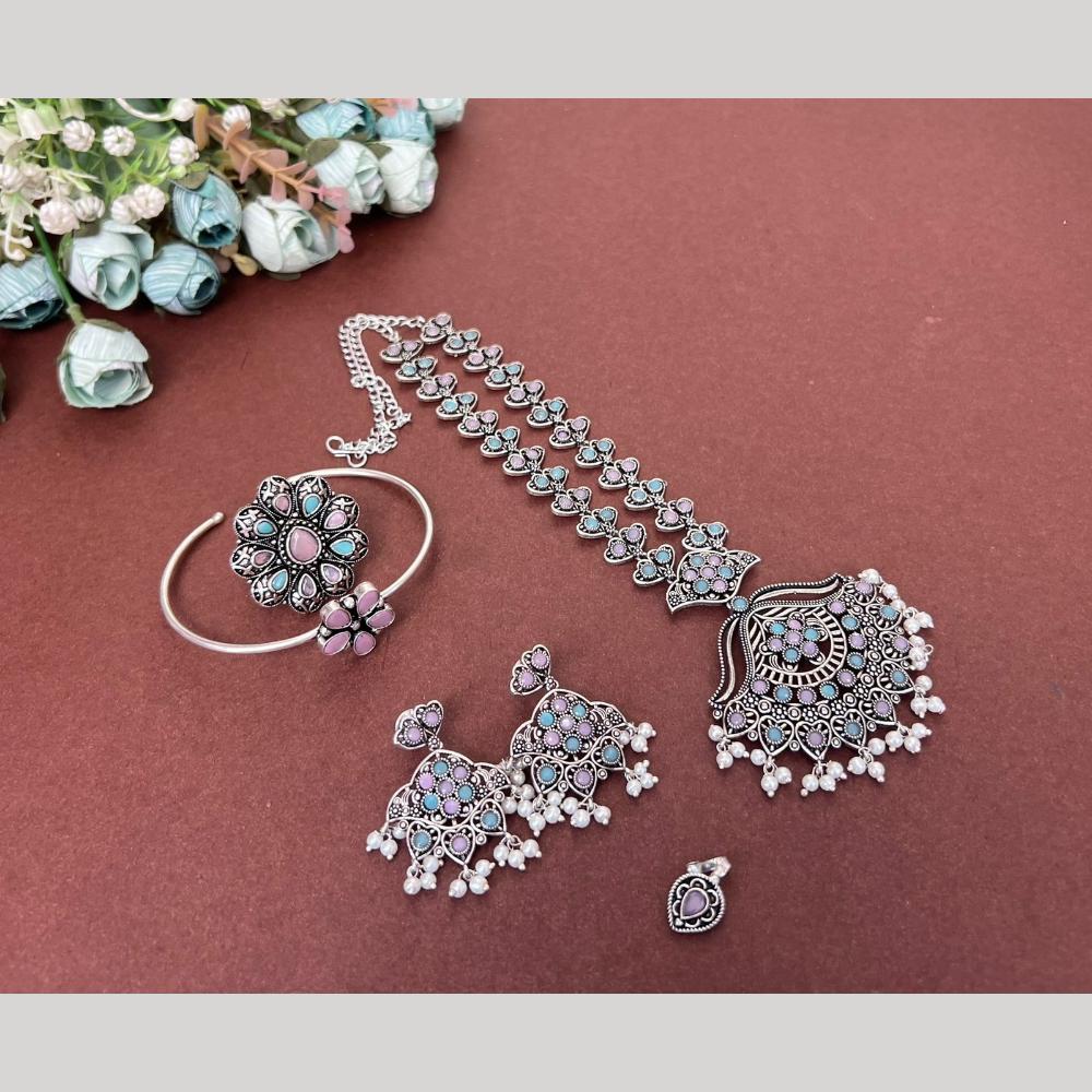 Akruti Collection Oxidised Plated Pota Stone Combo Set