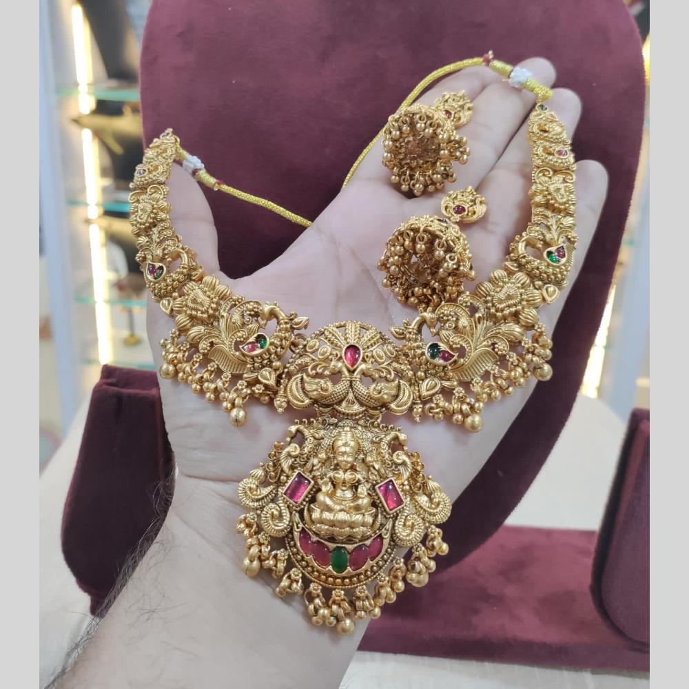Akruti Collection Traditional Temple Necklace Set with Goddess Lakshmi Pendant