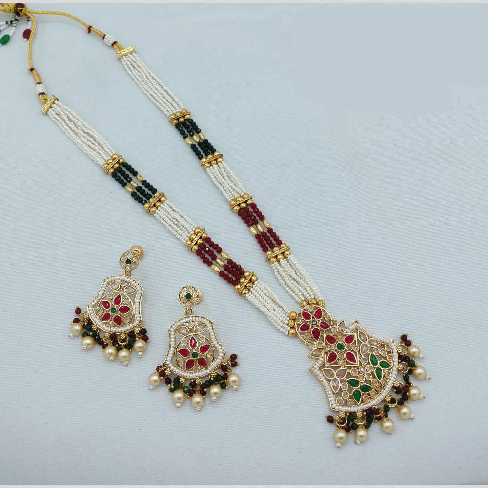Akruti Collection Traditional Glamour Crystal Stone And Pearl Long Necklace Set