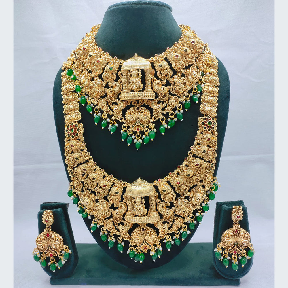 Akruti Collection Heavy Temple Necklace Set With Green Beads Wedding And Festive Wear Jewelry