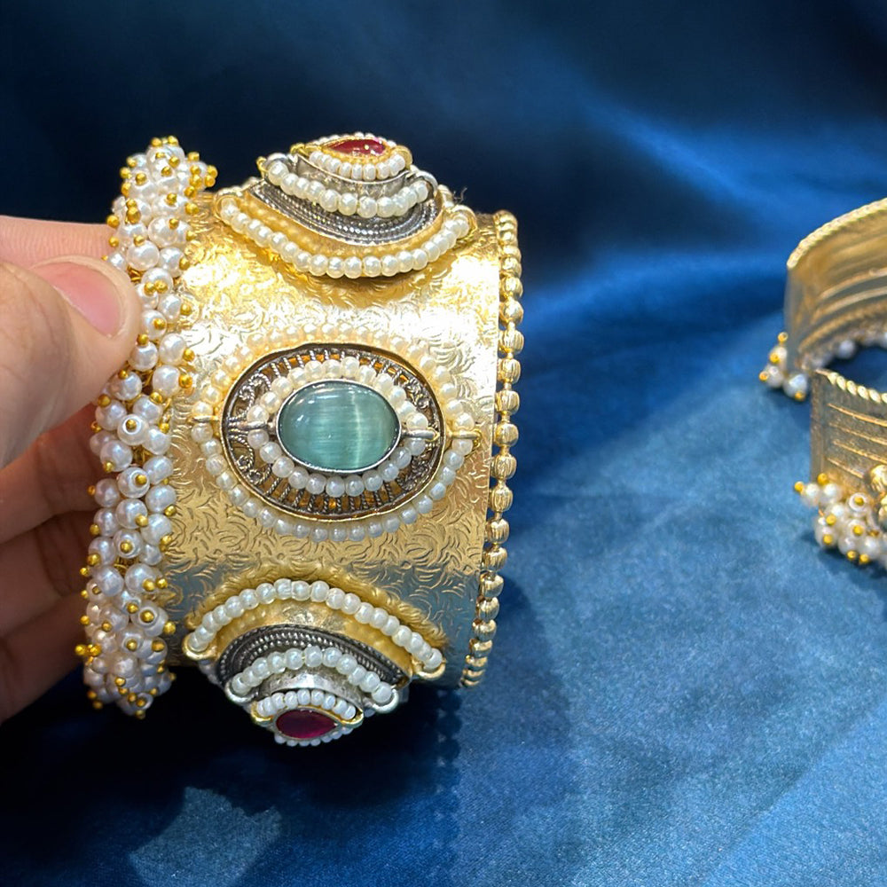 Akruti Collection Designer 2 Tone Pota Stone And Pearl Openable Kada