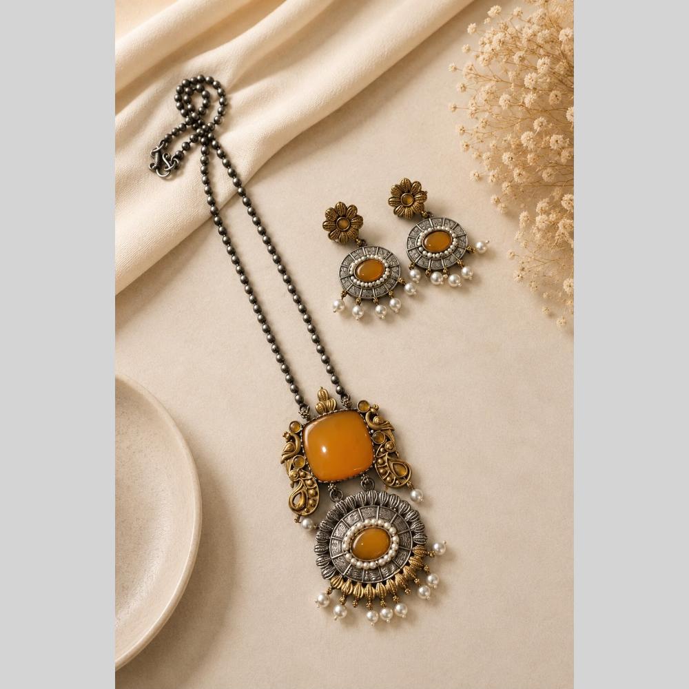 Akruti Collection Designer 2 Tone Plated Pota Stone And Beads Necklace Set