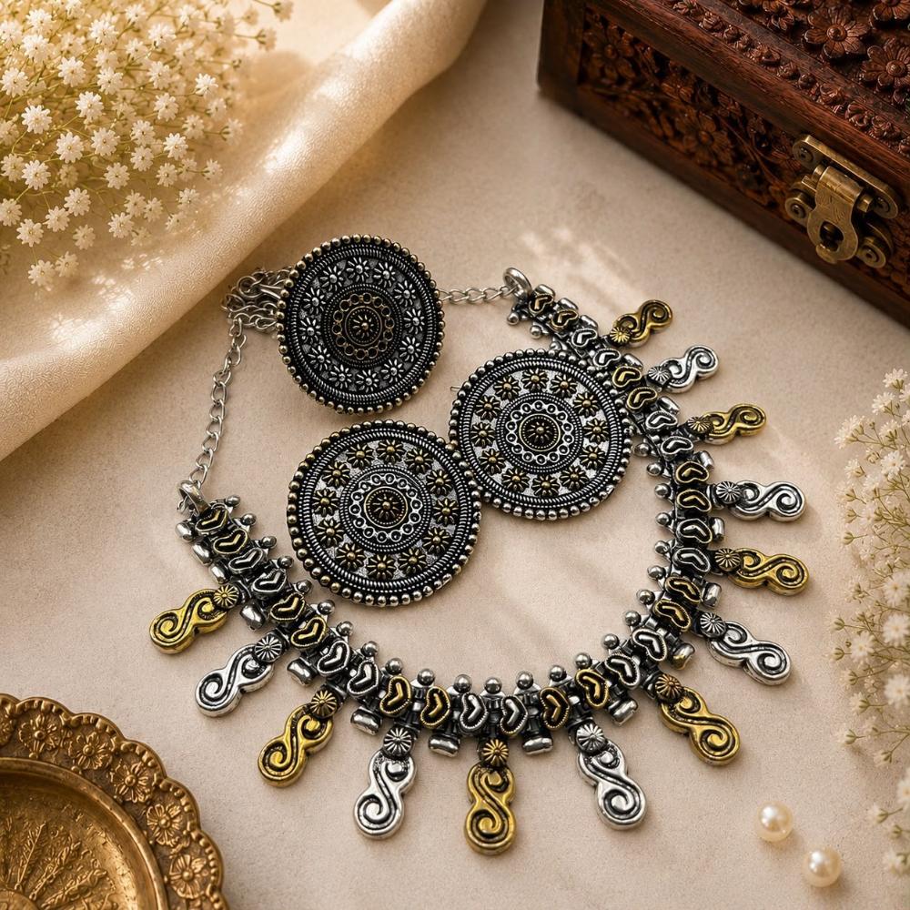 Akruti Collection Classic 2 Tone Plated Necklace Set with Ring