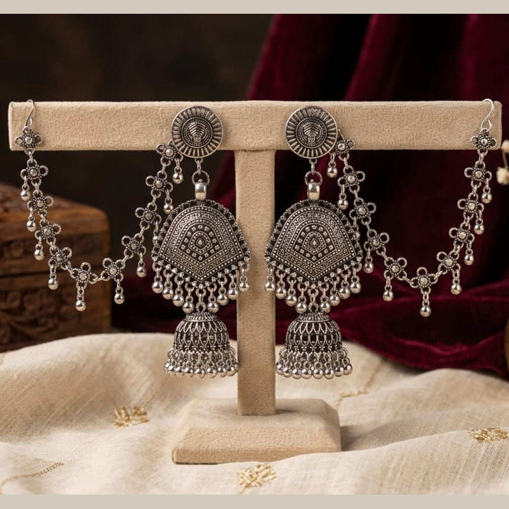 Akruti Collection Oxidised Jhumki Earrings With Kan Chain Traditional Ethnic Jewellery