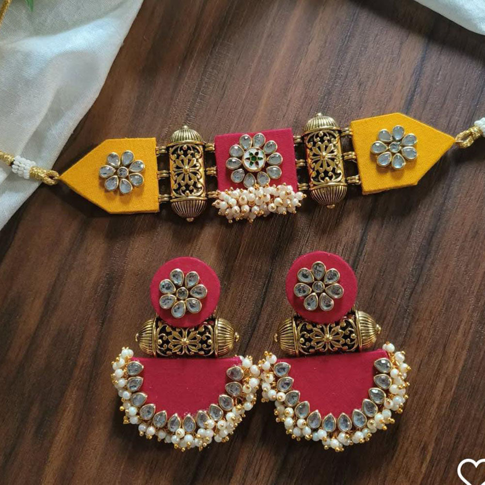 Shrijicreation Gold Plated Handmade Kundan Stone And Pearls Choker Necklace Set