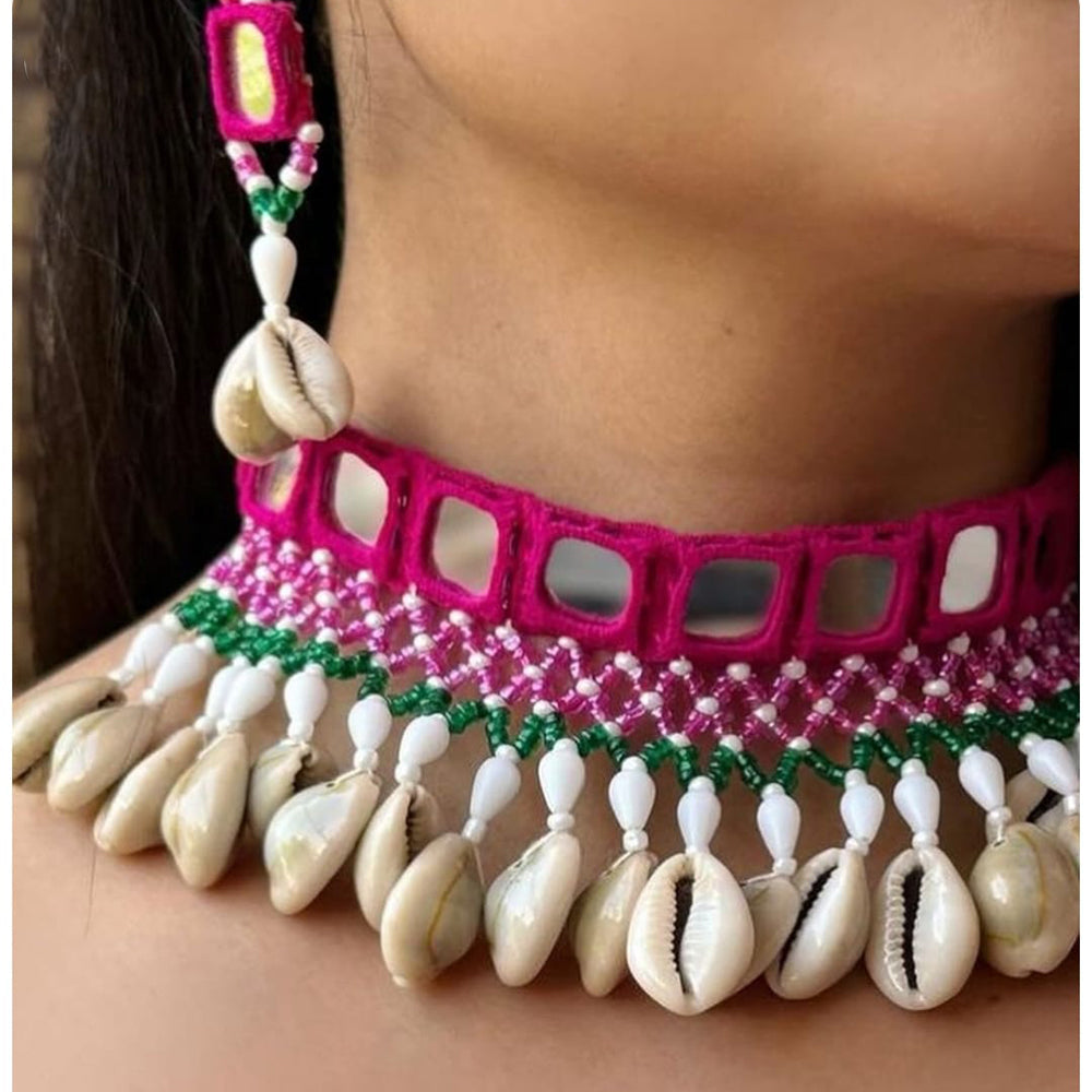 Shrijicreation Mirror Work And Pearl Shell Handcrafted Choker Necklace Set