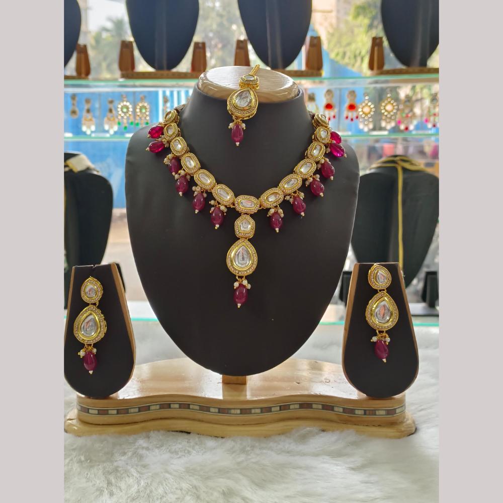 Palak Art Gold Plated Kundan Stone And Beads Necklace Set