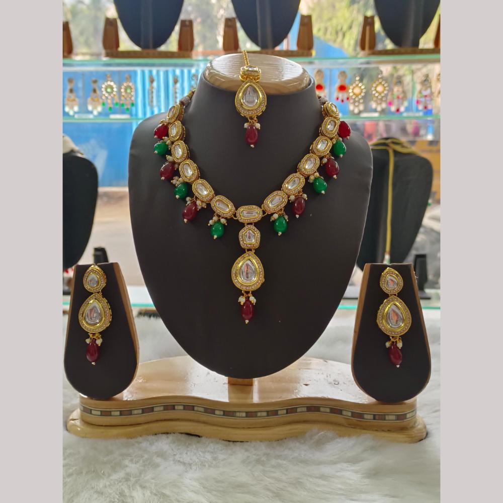 Palak Art Gold Plated Kundan Stone And Beads Necklace Set