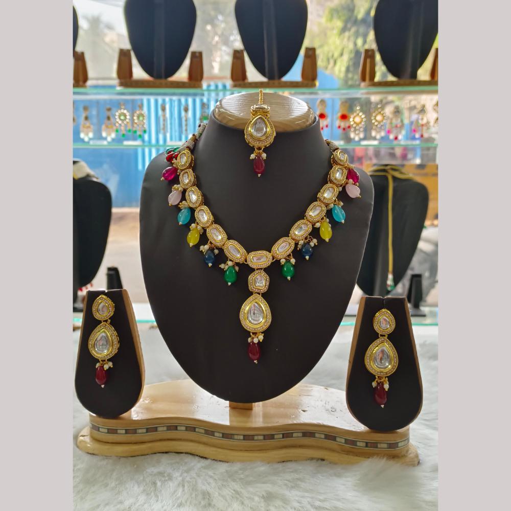 Palak Art Gold Plated Kundan Stone And Beads Necklace Set