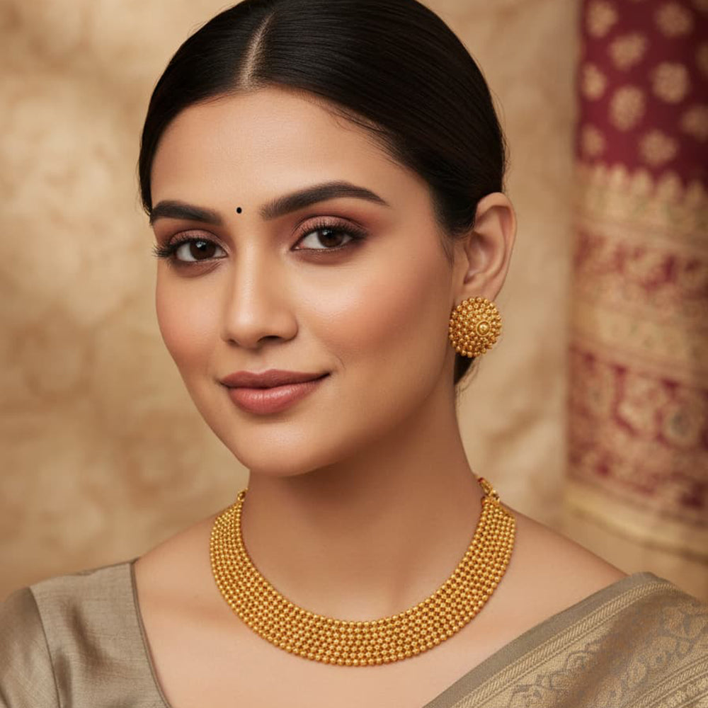 Palak Art South Indian Style Gold Bead Necklace Set for Women