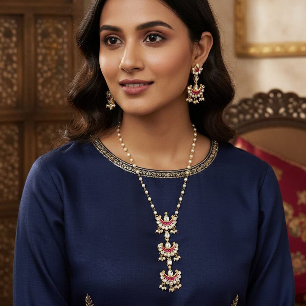 Palak Art Elegant Crystal Stone And Pearl Designer Long Necklace Set
