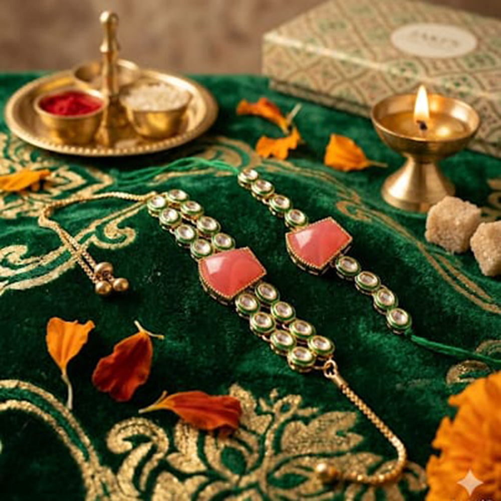Palak Art Gold Plated Bhaiya And Bhabhi Kundan Stone Rakhi Combo