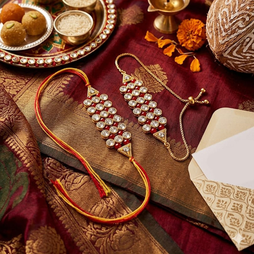 Palak Art Gold Plated Bhaiya And Bhabhi Austrian Stone Rakhi Combo